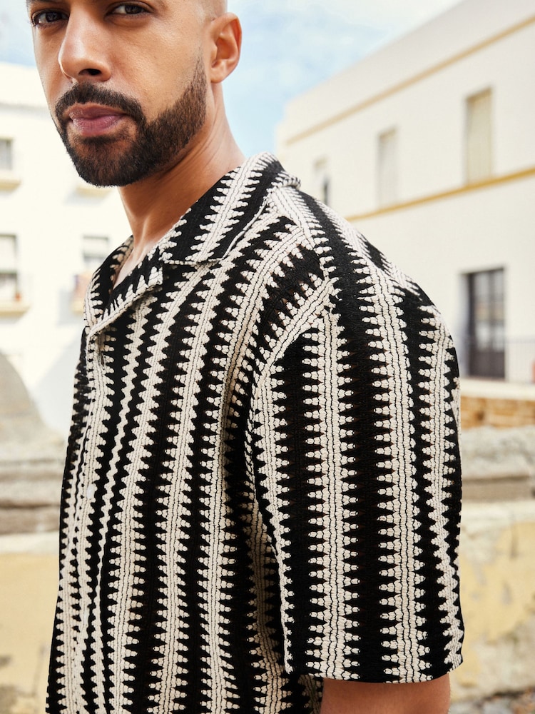 Black/Ecru Cream Stripe Crochet Short Sleeve Shirt - Image 1 of 7