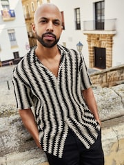 Black/Ecru Cream Stripe Crochet Short Sleeve Shirt - Image 2 of 7
