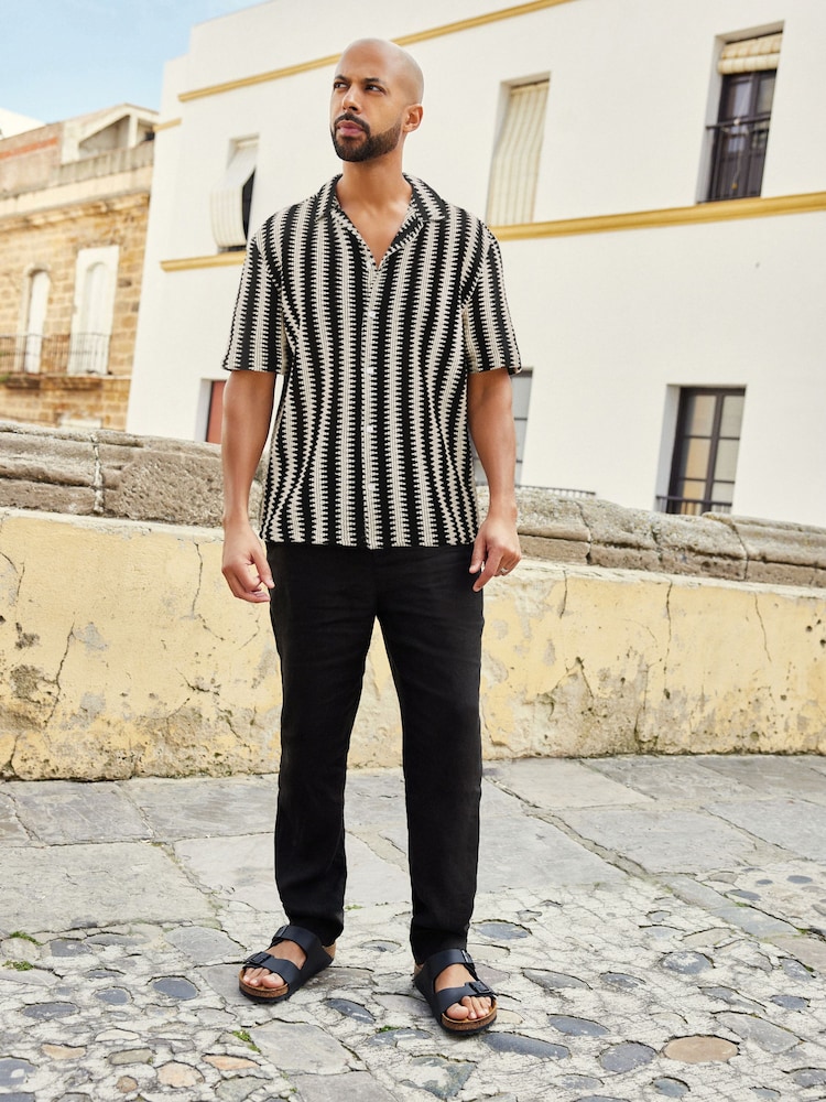 Black/Ecru Cream Stripe Crochet Short Sleeve Shirt - Image 3 of 7