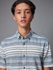 Blue Linen Blend Horizontal Stripe Short Sleeve Shirt - Image 1 of 7