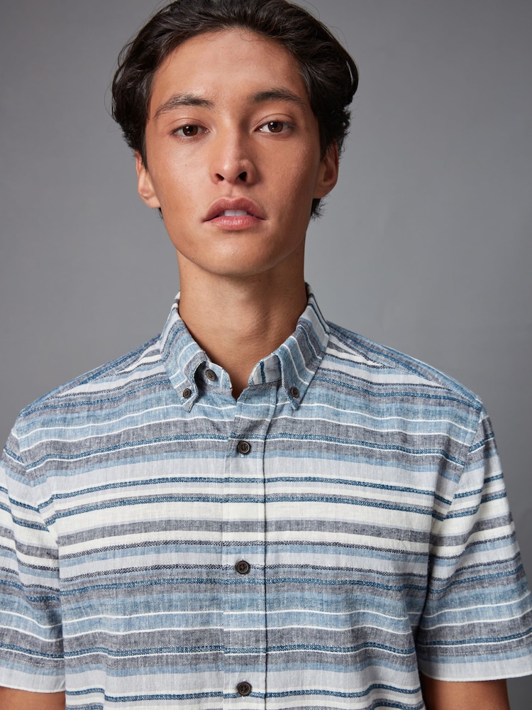 Blue Linen Blend Horizontal Stripe Short Sleeve Shirt - Image 1 of 7
