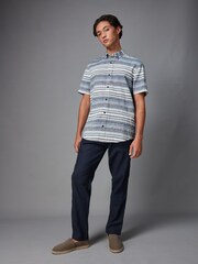 Blue Linen Blend Horizontal Stripe Short Sleeve Shirt - Image 2 of 7
