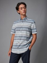 Blue Linen Blend Horizontal Stripe Short Sleeve Shirt - Image 3 of 7