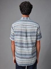 Blue Linen Blend Horizontal Stripe Short Sleeve Shirt - Image 4 of 7