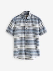 Blue Linen Blend Horizontal Stripe Short Sleeve Shirt - Image 5 of 7