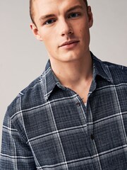 Navy Blue Linen Blend Check Short Sleeve Shirt - Image 1 of 7