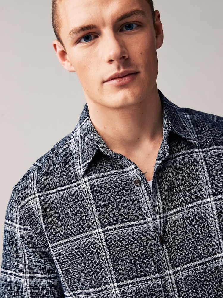 Navy Blue Linen Blend Check Short Sleeve Shirt - Image 1 of 7 Navy Blue Linen Blend Check Short Sleeve Shirt - Image 1 of 7