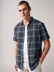 Navy Blue Linen Blend Check Short Sleeve Shirt - Image 2 of 7