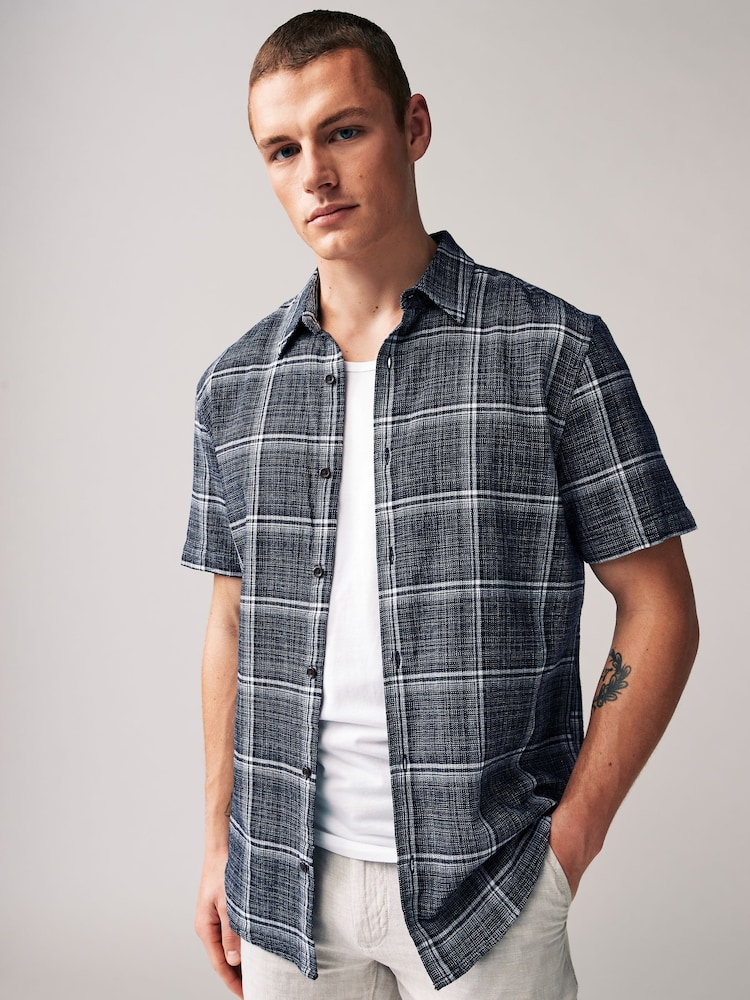 Navy Blue Linen Blend Check Short Sleeve Shirt - Image 2 of 7 Navy Blue Linen Blend Check Short Sleeve Shirt - Image 2 of 7