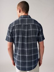 Navy Blue Linen Blend Check Short Sleeve Shirt - Image 4 of 7