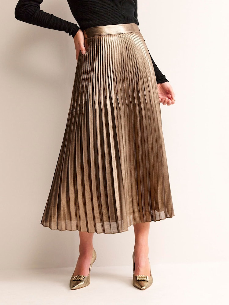 Boden Gold Metallic Pleated Midi Skirt - Image 1 of 6