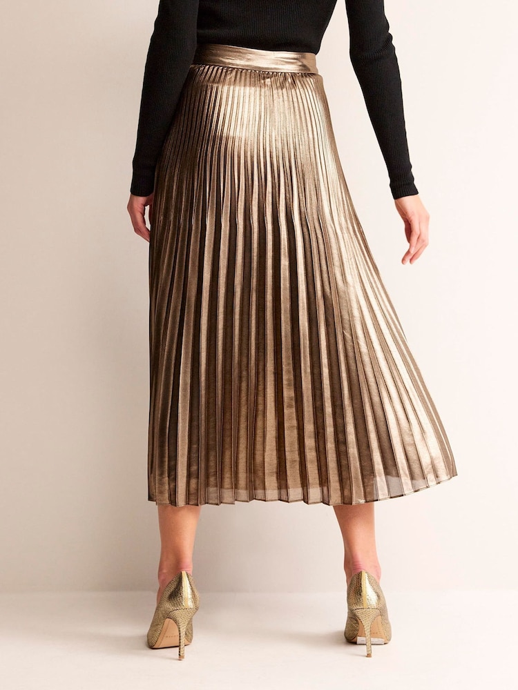 Boden Gold Metallic Pleated Midi Skirt - Image 2 of 6