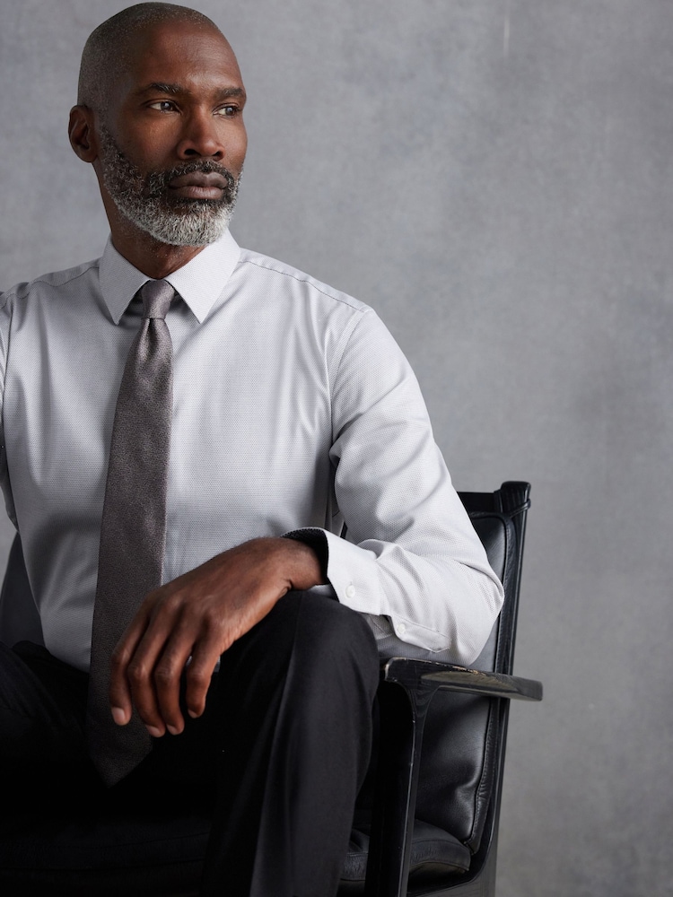 Grey Regular Fit Signature Premium 100% Cotton Textured Long Sleeve Single Cuff Shirt - Image 1 of 8