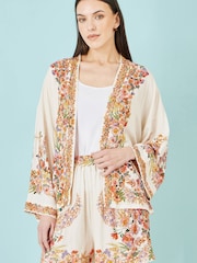 Yumi White Viscose Floral Border Kimono With Tie Belt - Image 1 of 5