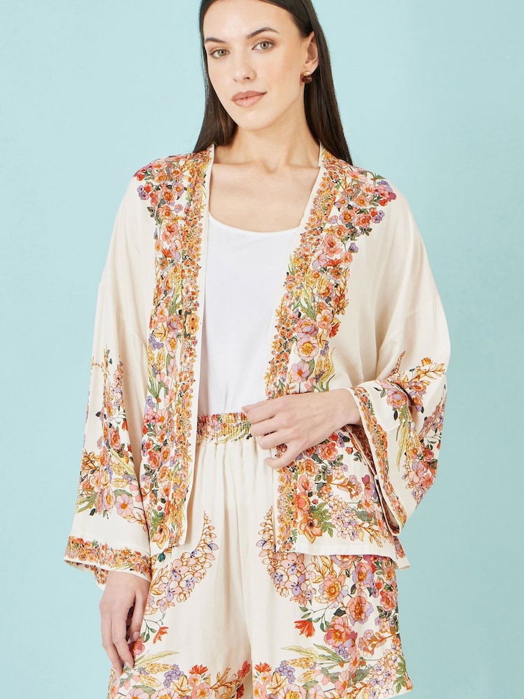 Yumi White Viscose Floral Border Kimono With Tie Belt - Image 1 of 5