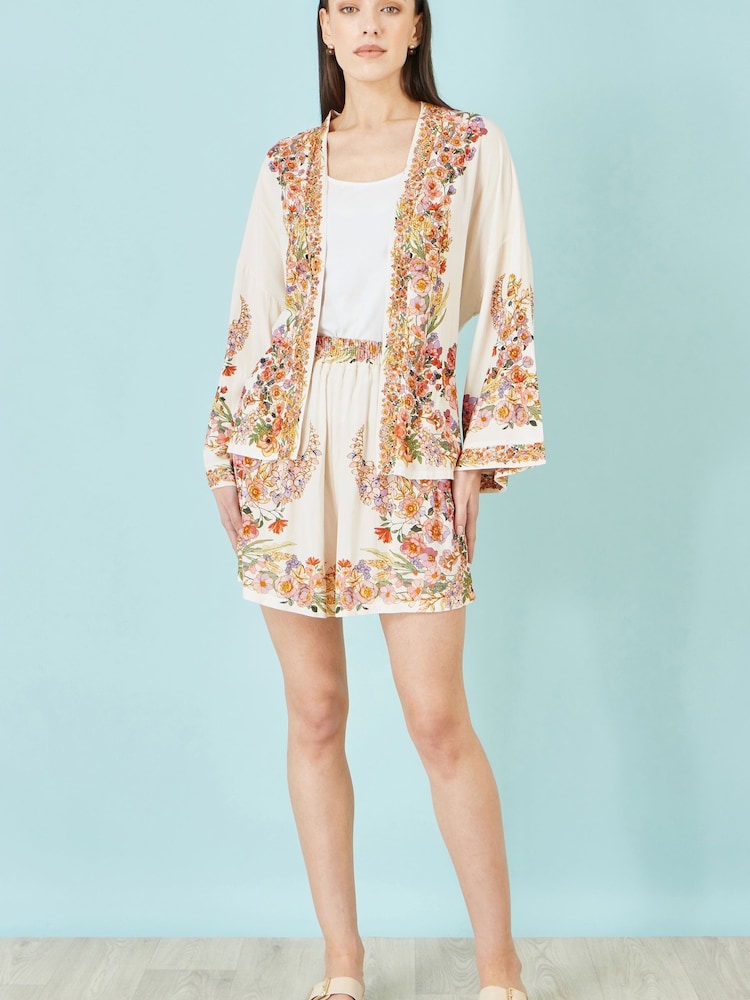 Yumi White Viscose Floral Border Kimono With Tie Belt - Image 2 of 5