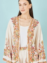 Yumi White Viscose Floral Border Kimono With Tie Belt - Image 5 of 5