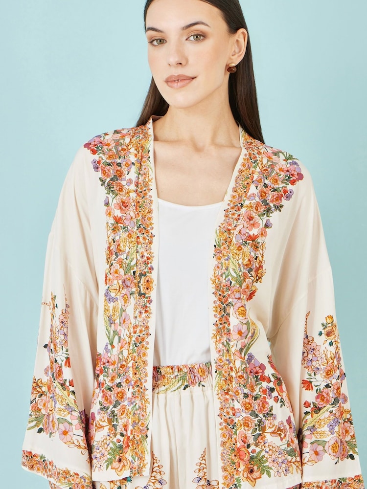 Yumi White Viscose Floral Border Kimono With Tie Belt - Image 5 of 5