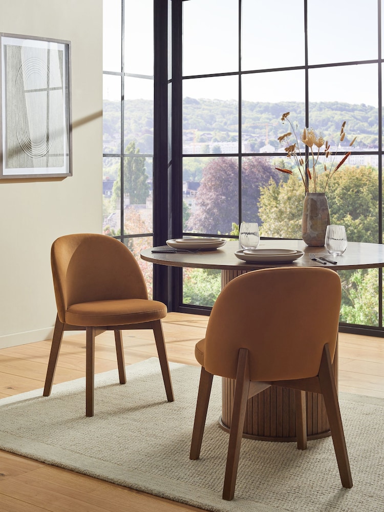 Set of 2 Soft Velvet Caramel Brown Preston Dark Wood Leg Dining Chairs - Image 1 of 8