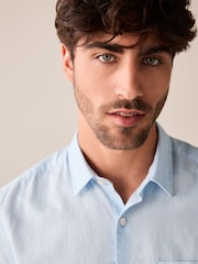 Light Blue Linen Blend Short Sleeve Shirt - Image 4 of 8