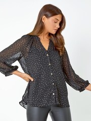 Roman Black Metallic Spot Print Sheer Top - Image 1 of 5
