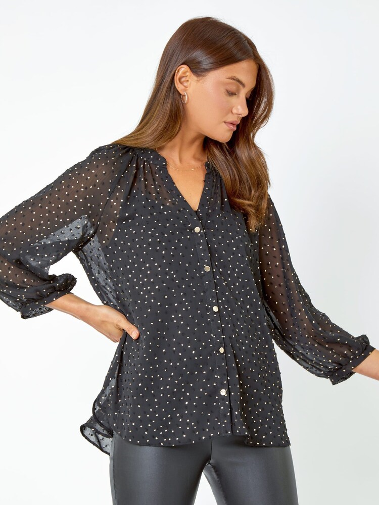 Roman Black Metallic Spot Print Sheer Top - Image 1 of 5