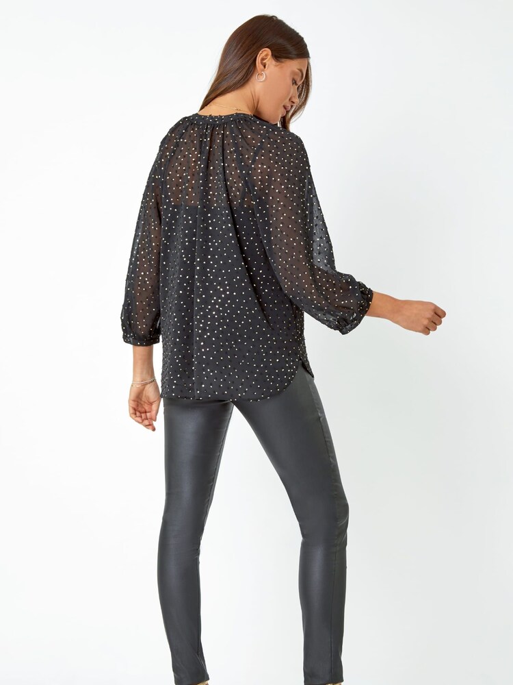 Roman Black Metallic Spot Print Sheer Top - Image 2 of 5