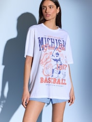 Ecru White Relaxed Fit Amercian Baseball 100% Cotton Graphic T-Shirt - Image 1 of 6