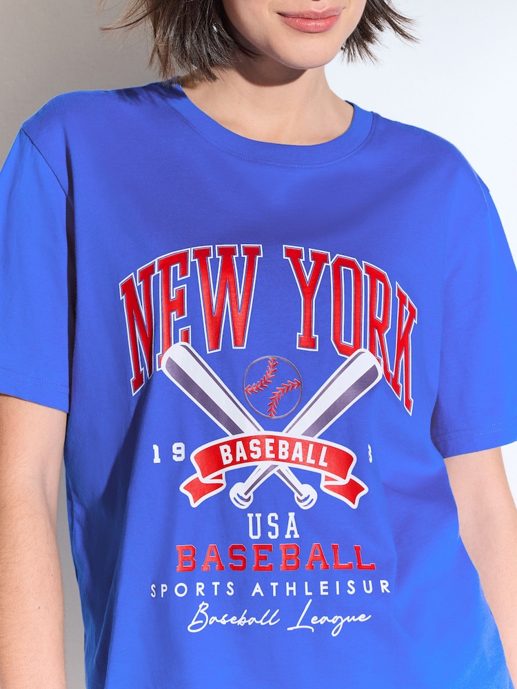 Blue Relaxed Fit Amercian Baseball 100% Cotton Graphic T-Shirt - Image 2 of 2