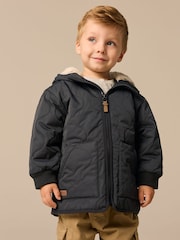 Black Quilted Borg Fleece Lined Shower Resistant Coat (3mths-7yrs) - Image 1 of 9