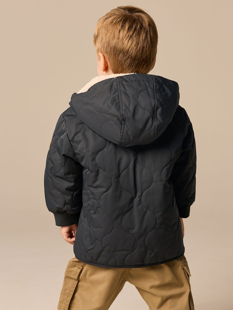 Black Quilted Borg Fleece Lined Shower Resistant Coat (3mths-7yrs) - Image 3 of 9