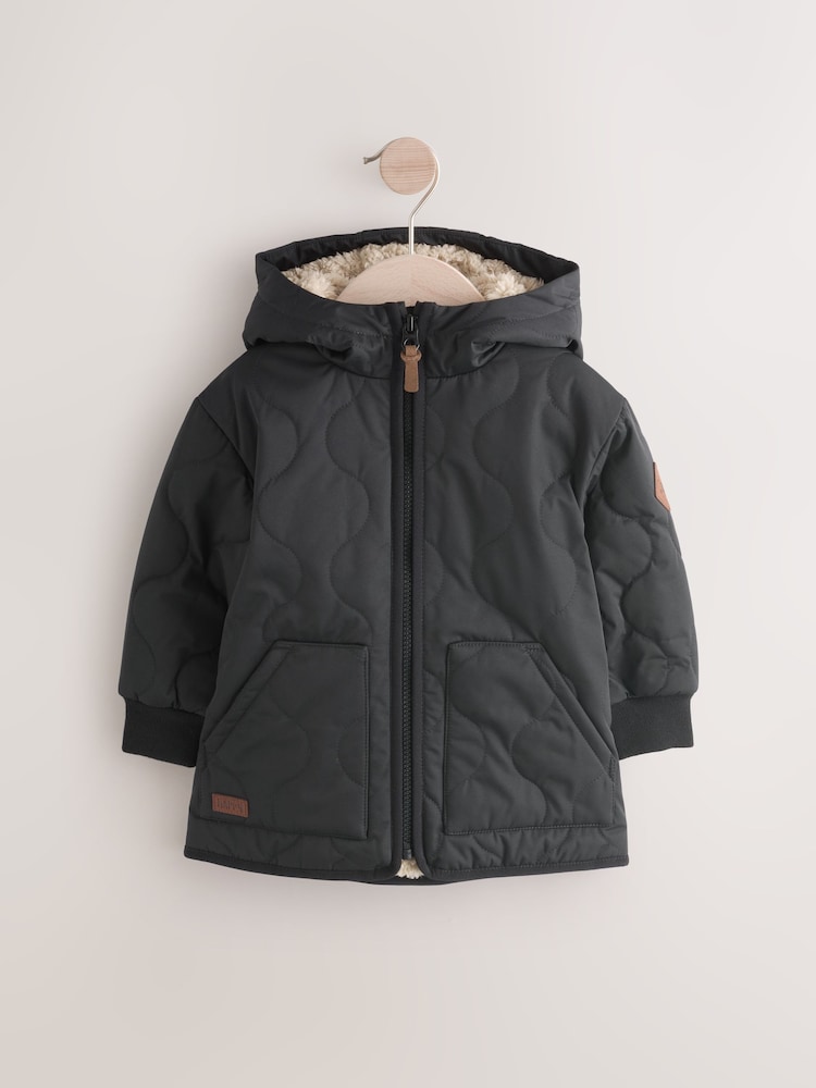 Black Quilted Borg Fleece Lined Shower Resistant Coat (3mths-7yrs) - Image 6 of 9