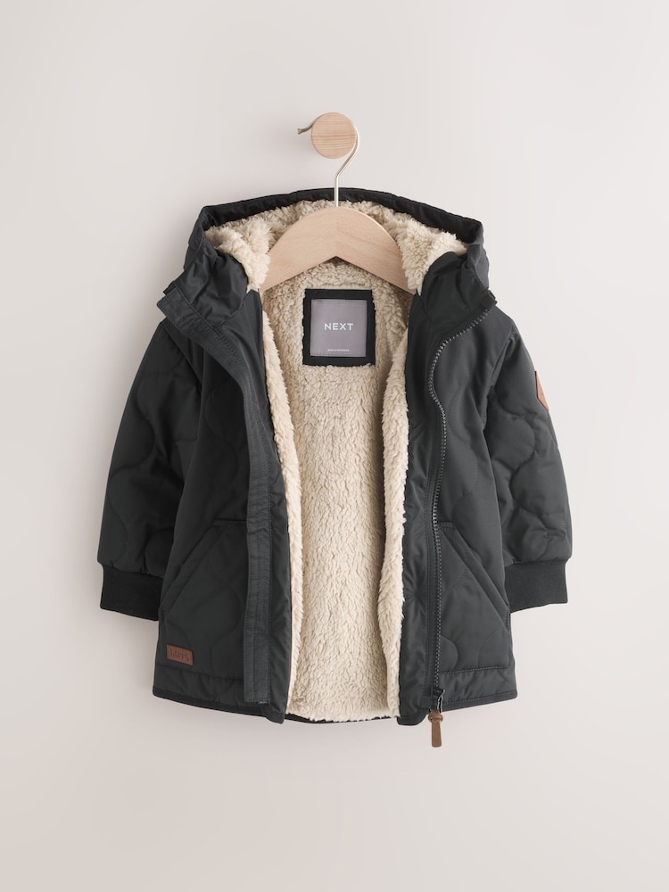 Black Quilted Borg Fleece Lined Shower Resistant Coat (3mths-7yrs) - Image 7 of 9