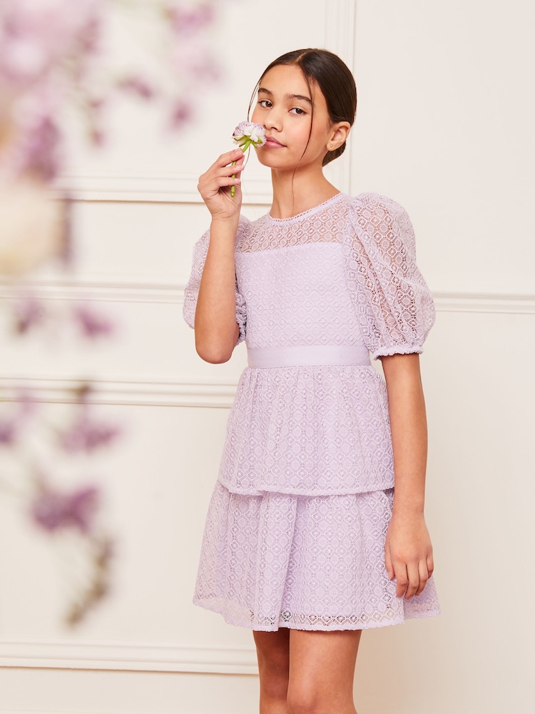 Lipsy Lilac Purple Lace Puff Sleeve Occasion Dress (5-16yrs) - Image 1 of 4