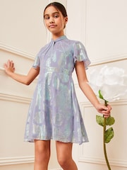 Lipsy Purple Lilac Shimmer Twist Neck Occasion Dress (5-16yrs) - Image 1 of 4