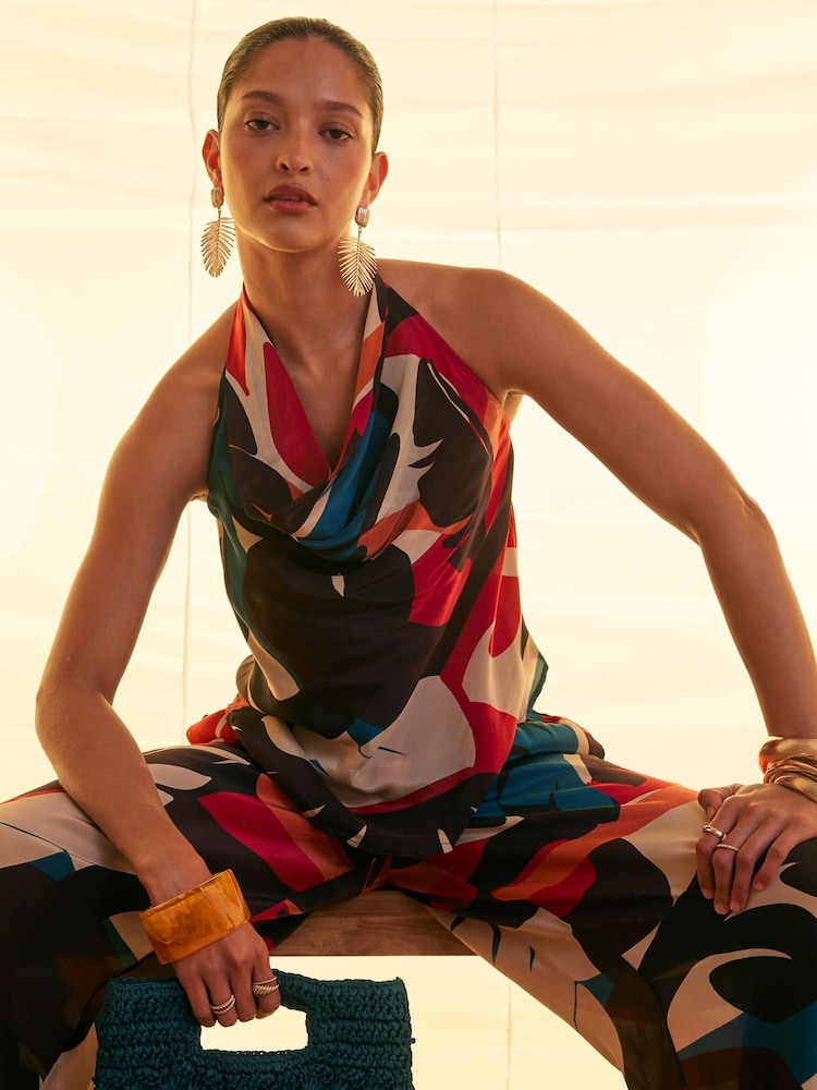 River Island Multi Leaf Print Halter Top - Image 1 of 4