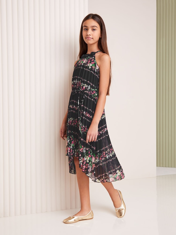 Lipsy Black Print Pleated Chiffon Occasion Dress - Image 2 of 4