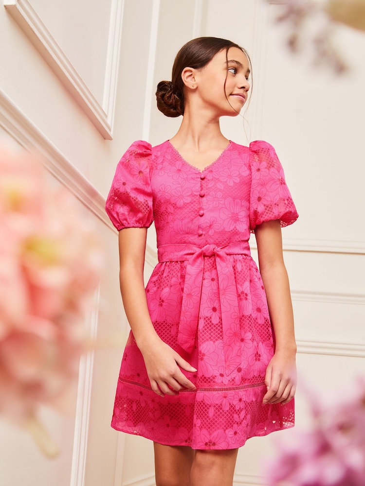 Lipsy Pink Puff Sleeve Occasion Dress (5-16yrs) - Image 1 of 4
