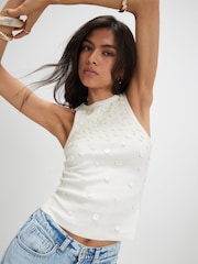 River Island Cream Molly Smith Shell Trim Ribbed Tank Top - Image 1 of 4