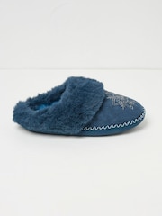 FatFace Maia Dark Teal Blue Snowflake Mules - Image 1 of 2