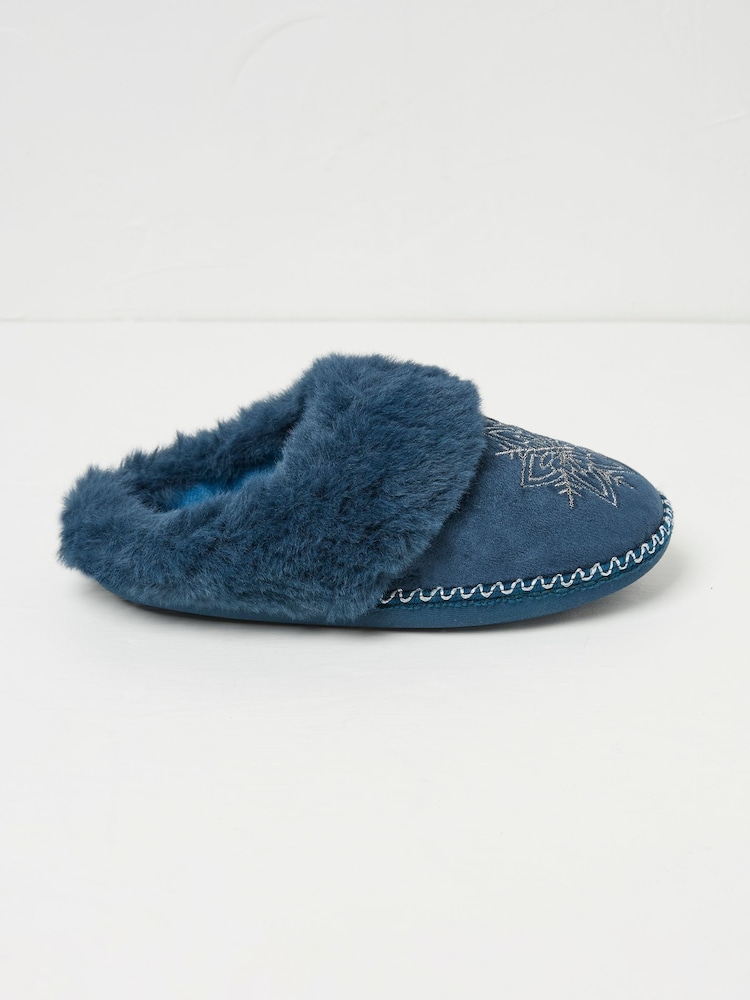 FatFace Maia Dark Teal Blue Snowflake Mules - Image 1 of 2