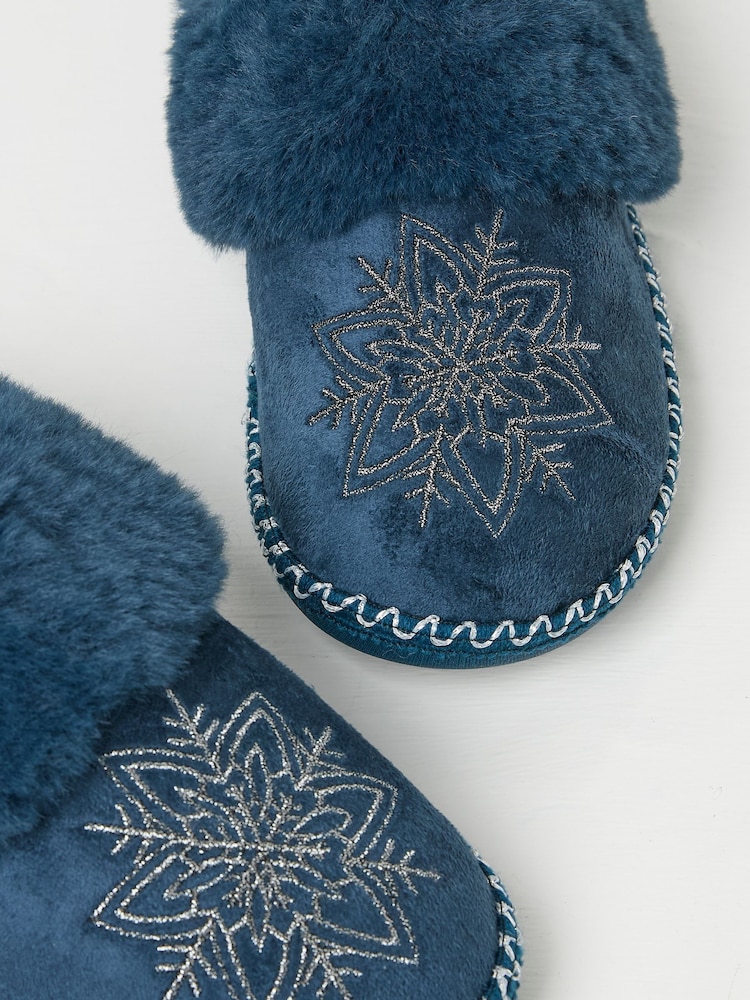 FatFace Maia Dark Teal Blue Snowflake Mules - Image 2 of 2