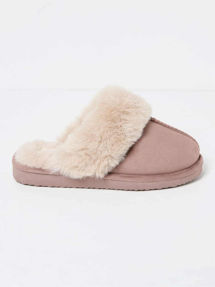 FatFace Kaia Dark Natural Faux Fur Cuff Mules - Image 1 of 2 FatFace Kaia Dark Natural Faux Fur Cuff Mules - Image 1 of 2