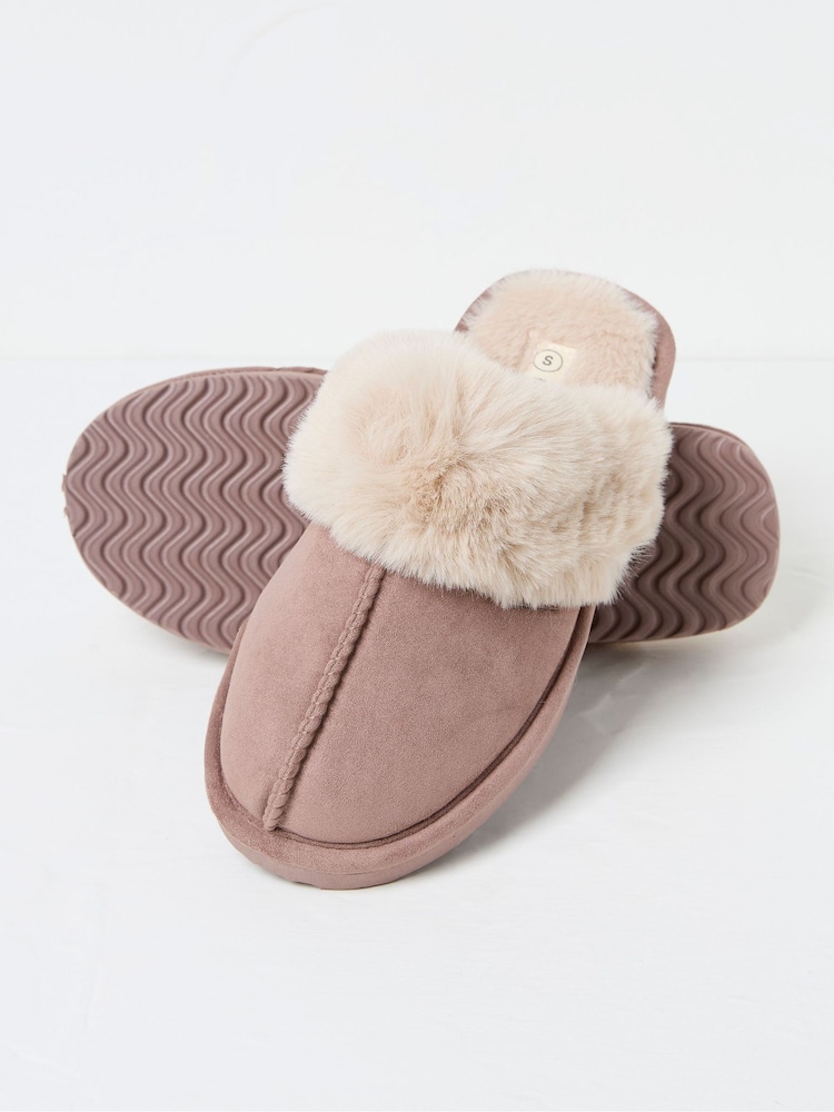 FatFace Kaia Dark Natural Faux Fur Cuff Mules - Image 2 of 2 FatFace Kaia Dark Natural Faux Fur Cuff Mules - Image 2 of 2