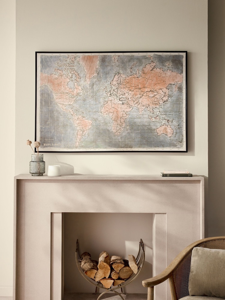 Grey/Gold Large World Map Framed Canvas Wall Art - Image 1 of 7
