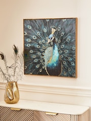 Teal Blue Peacock Framed Canvas Wall Art - Image 1 of 4