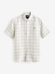 Crew Clothing Natural Crew Clothing Company Natural Short Sleeve 100% Linen Check Shirt - Image 5 of 5