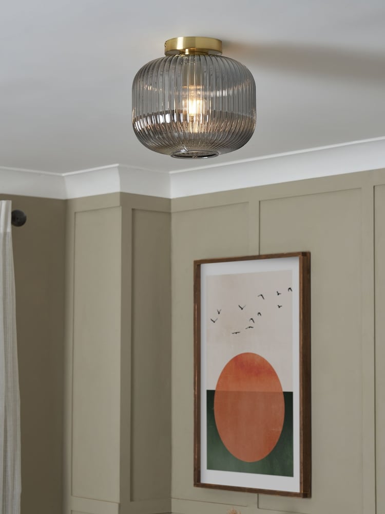 BHS Satin Brass Lyna Smoke Glass Flush Ceiling Fitting Ceiling Light - Image 1 of 7