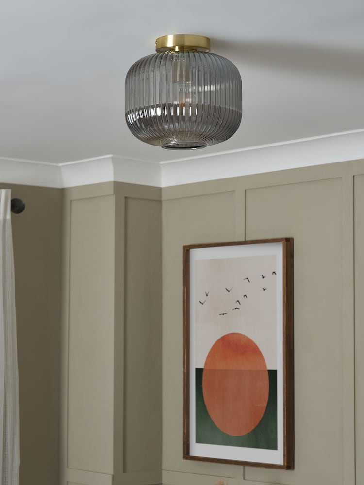 BHS Satin Brass Lyna Smoke Glass Flush Ceiling Fitting Ceiling Light - Image 2 of 7