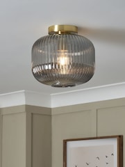 BHS Satin Brass Lyna Smoke Glass Flush Ceiling Fitting Ceiling Light - Image 3 of 7